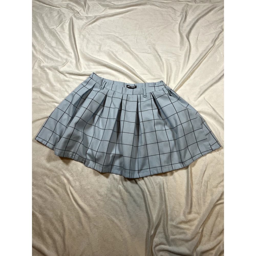 Hot Topic Mini Skirt Baby Blue Black Plaid Pleated School Girl Goth Punk Rave M